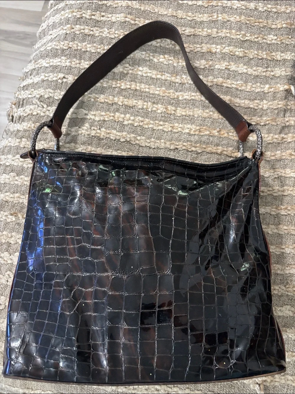 Brighton Croc- Embossed Glossed Dark Brown Large‎ Ring Leather Shoulder Tote Bag